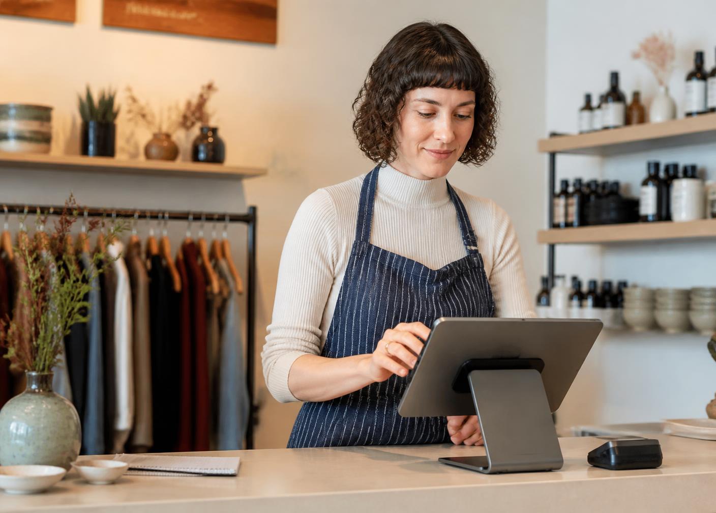 A shop owner ringing up a sale on a countertop point of sale tablet in a small retail store