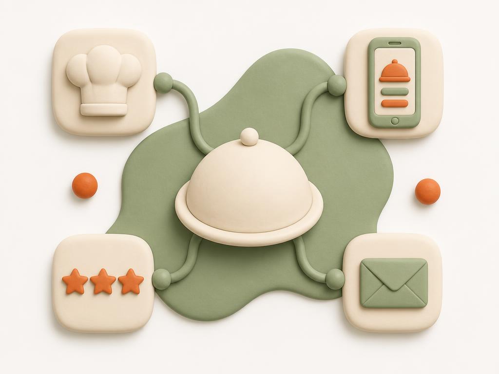 Illustration of a restaurant plate connected to menus, reviews, and ordering