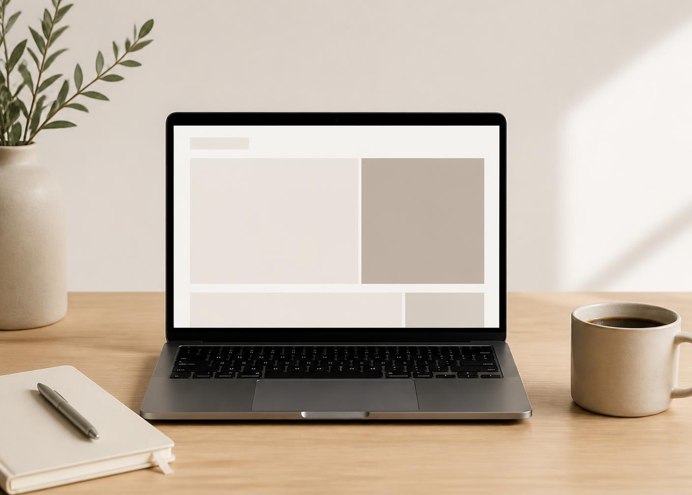 A laptop on a light oak desk showing a clean website layout beside a notebook and coffee